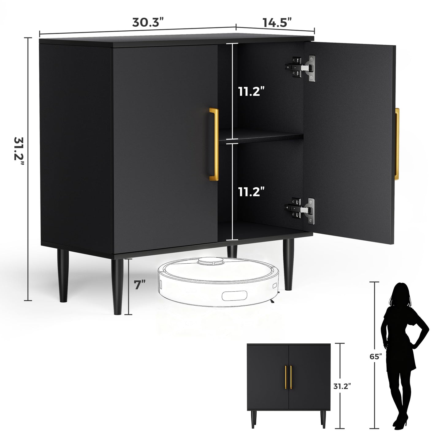Vrullu Modern Storage Cabinet, Free Standing Buffet Cabinet, Black Sideboard and Buffet Storage, Wood Accent Furniture for Living Room, Hallway, Entryway, Dining Room (1, Black)