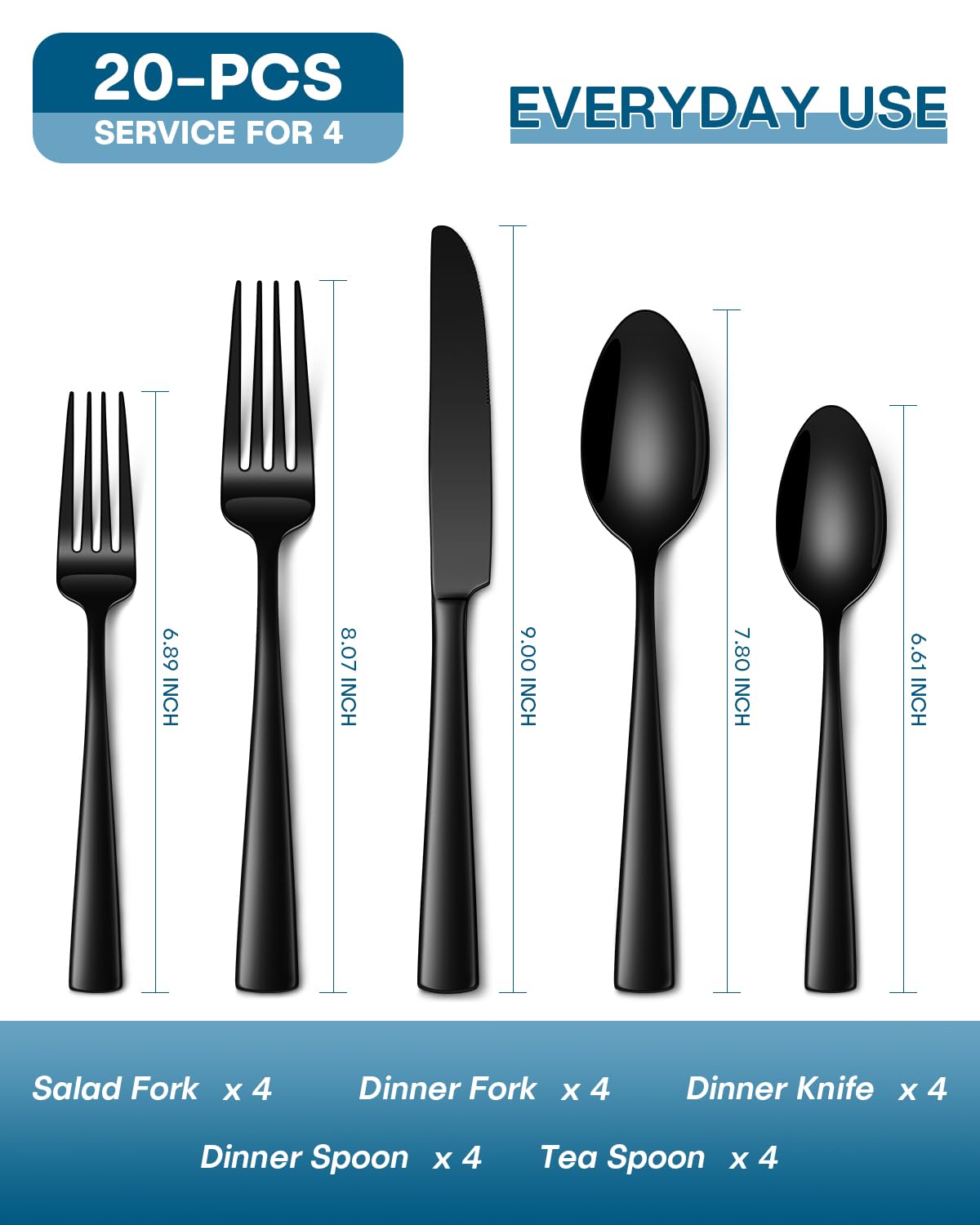 Stapava 20 Pcs Black Silverware Set, Food-Grade Stainless Steel Flatware Set for 4 Mirror Polished Cutlery Utensil Sets Include Dinner Knives Spoons and Forks Set Dishwasher Safe for Home Restaurant
