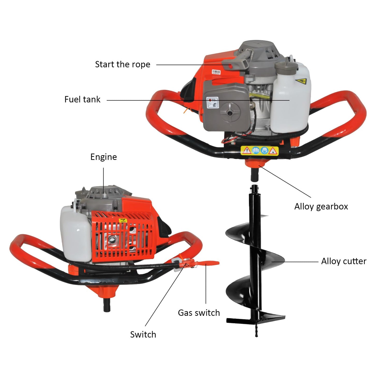 Post Hole Digger, 72CC 2 Stroke Auger Post Hole Digger, Gas Powered Earth Digger 3 Auger Drill Bits(4" & 8" & 12") and 2 Extension Rods for Farm Garden Plant