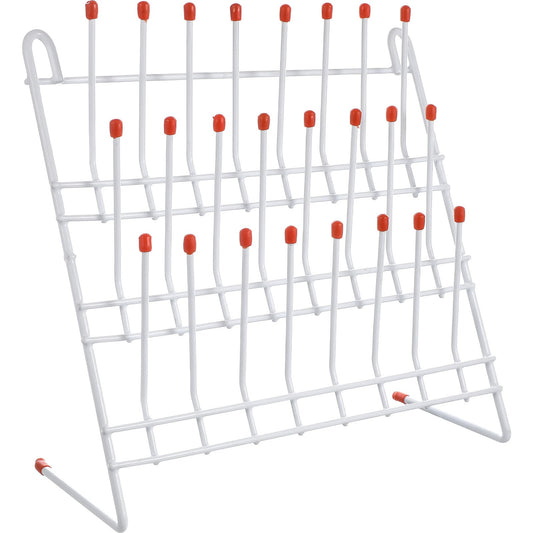 TEHAUX Lab Drying Rack, Space-Saving Lab Beaker and Tube Drying Holder with Non-Slip Red Top, Sturdy Iron Frame, 24 Pegs Vertical Drying Rack for Laboratory Glassware and Bottles (White)