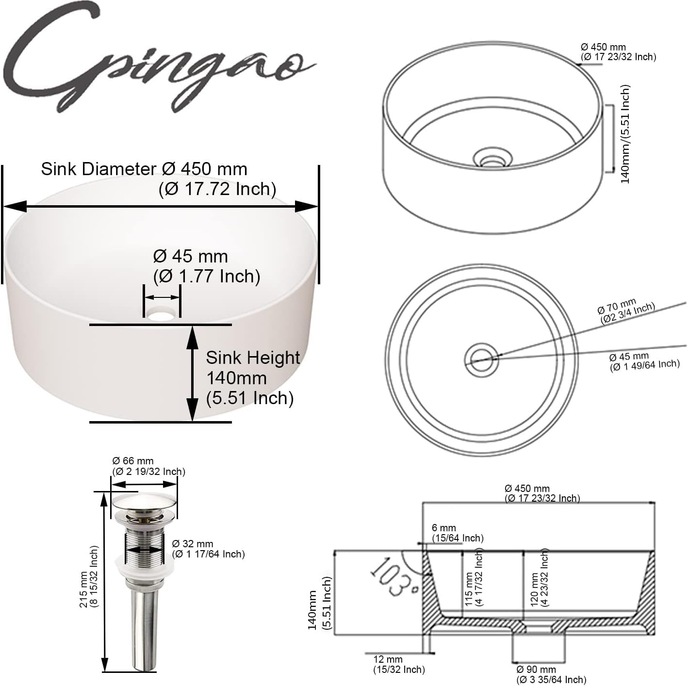 Cpingao 17.7 Inch Round Bathroom Vessel Sink, Above Counter Circle Matte Stone Countertop Modern Sink Art Basin for Lavatory Vanity Cabinet