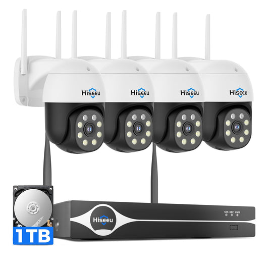 Hiseeu 4K Security Cameras Wireless Outdoor, 8MP 4-Cam Kit, 5G & 2.4G WiFi Cameras System for Home Security, Auto Tracking, Pan Tilt, Color Night Vision, Two-Way Audio, 16CH NVR, 1TB, No Subscription