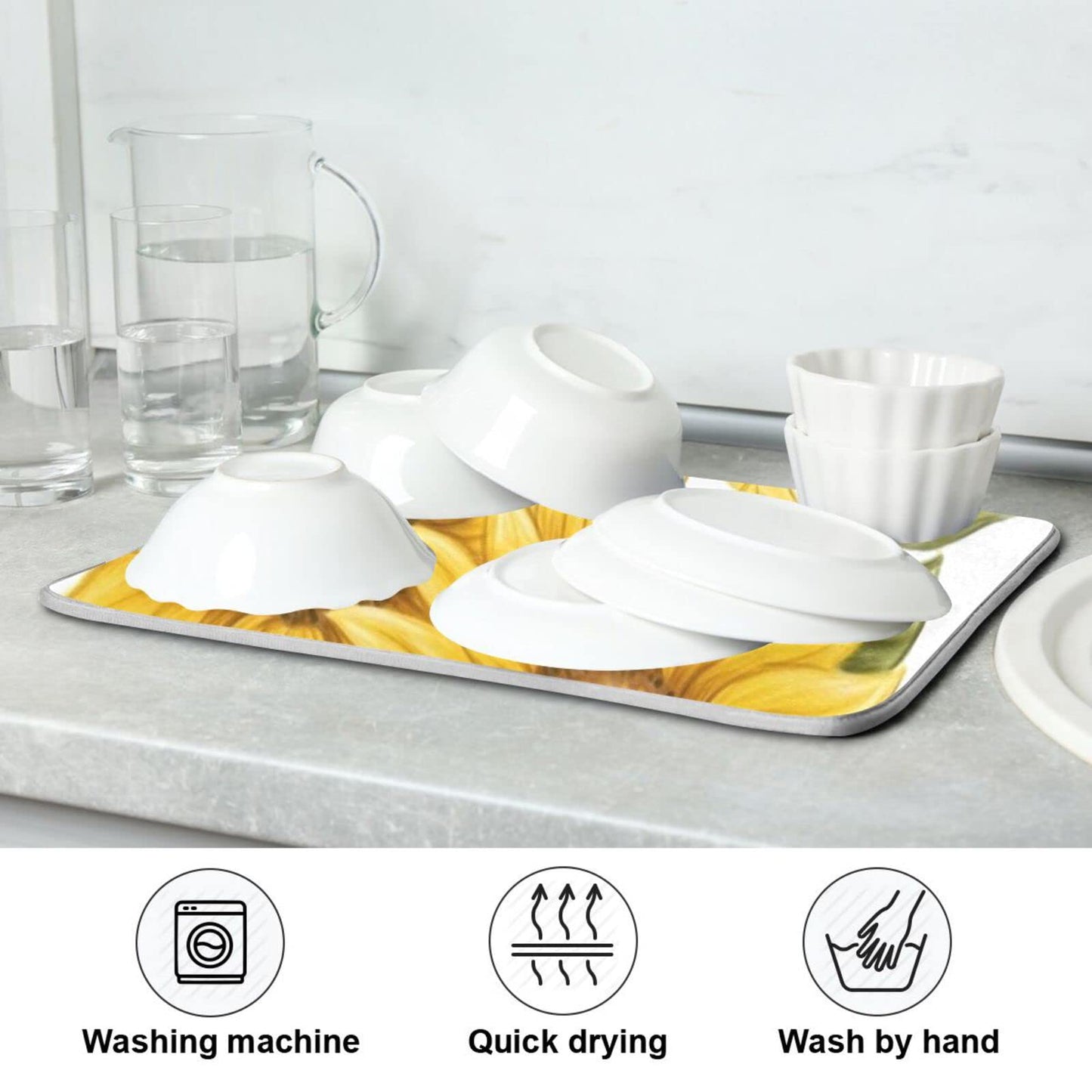 Absorbent Dish Drying Mat for Kitchen Counter - Marble Print Microfiber Drying Pad, Reversible Drainer Mats for Countertop, Large 18 x 24 inch