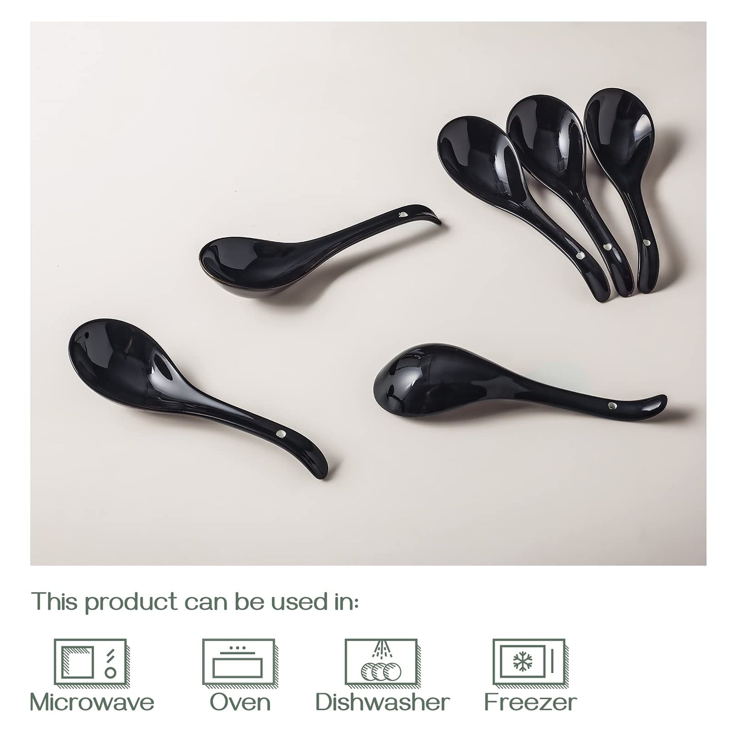 DOWAN Soup Spoons, Ceramic Chinese, Asian Soup Spoons, White Japanese Spoon Large for Ramen Pho Wonton Dumpling Miso, Deep Oval Hook Design, Set of 6 (6, Black)
