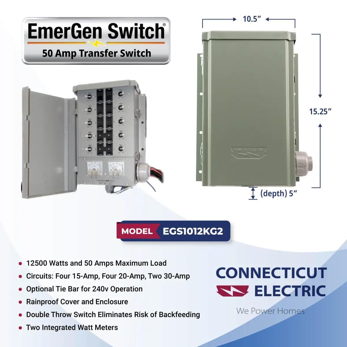 Connecticut Electric Series 2 Backup Power Manual Transfer Switch Kit, 50 Amp, 10 Circuits, with 25' Cord & Outdoor Rated 50A Inlet (Transfer Switch Kit - 25 ft Cord)