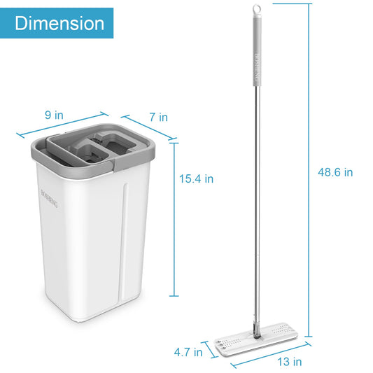 BOSHENG Mop and Bucket with Wringer Set, Hands Free Flat Floor Mop and Bucket, 3 Washable Microfiber Pads Included, Wet and Dry Use, Home Floor Cleaning System for All Floor Types and Windows