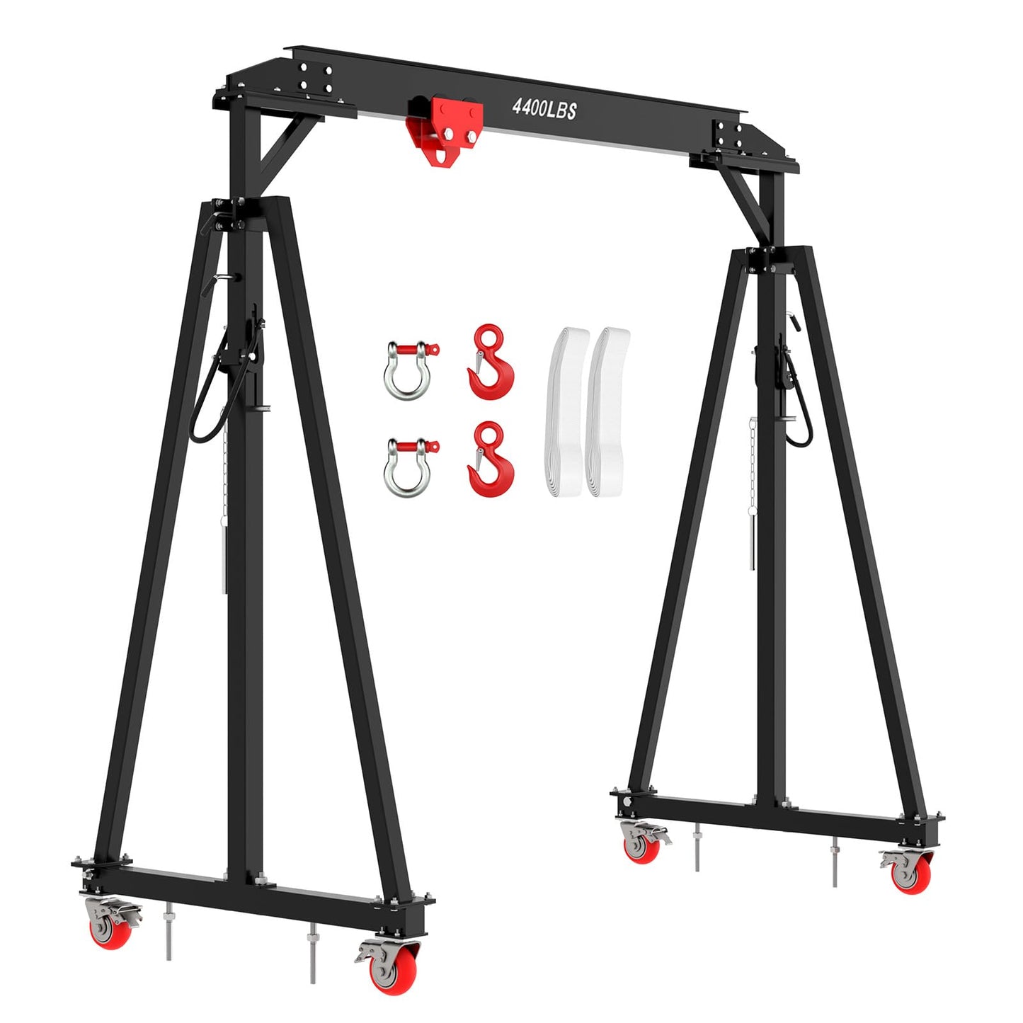 Adjustable Gantry Crane 2 Ton (4400 LBS) with Manual Trolley, Hook and Sling Strap, 12 Locking Positions (97" to 141") with Triangle Base, Portable I-Beam Hoist for Factory, Warehouse, Auto Repair