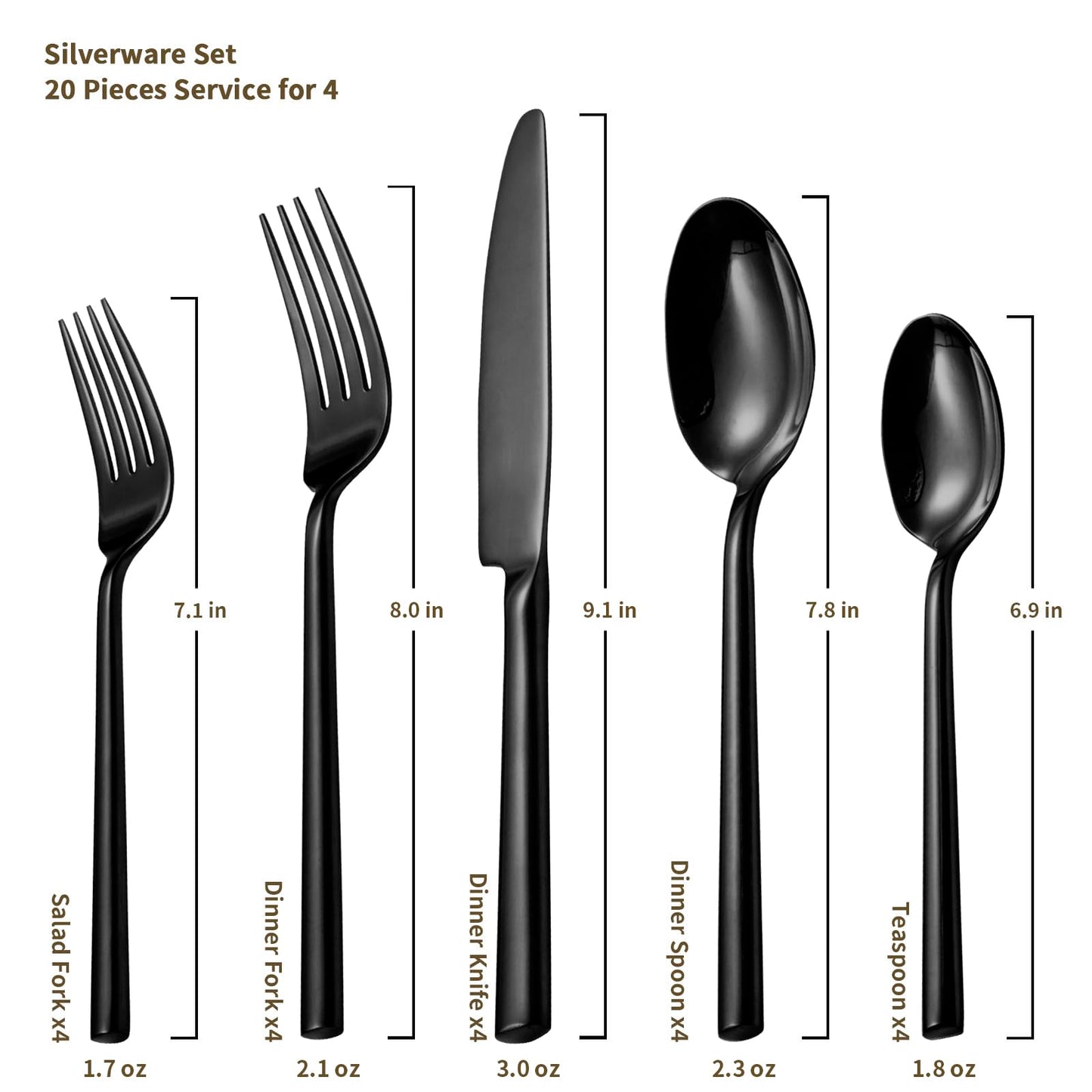 Alata Potter Black 20-Piece Forged Silverware Set with Utensil-Serving Set, Service for 4, Stainless Steel Flatware Set, Modern Design with Mirror Finish, Ideal for Home, Kitchen, Party, Camping