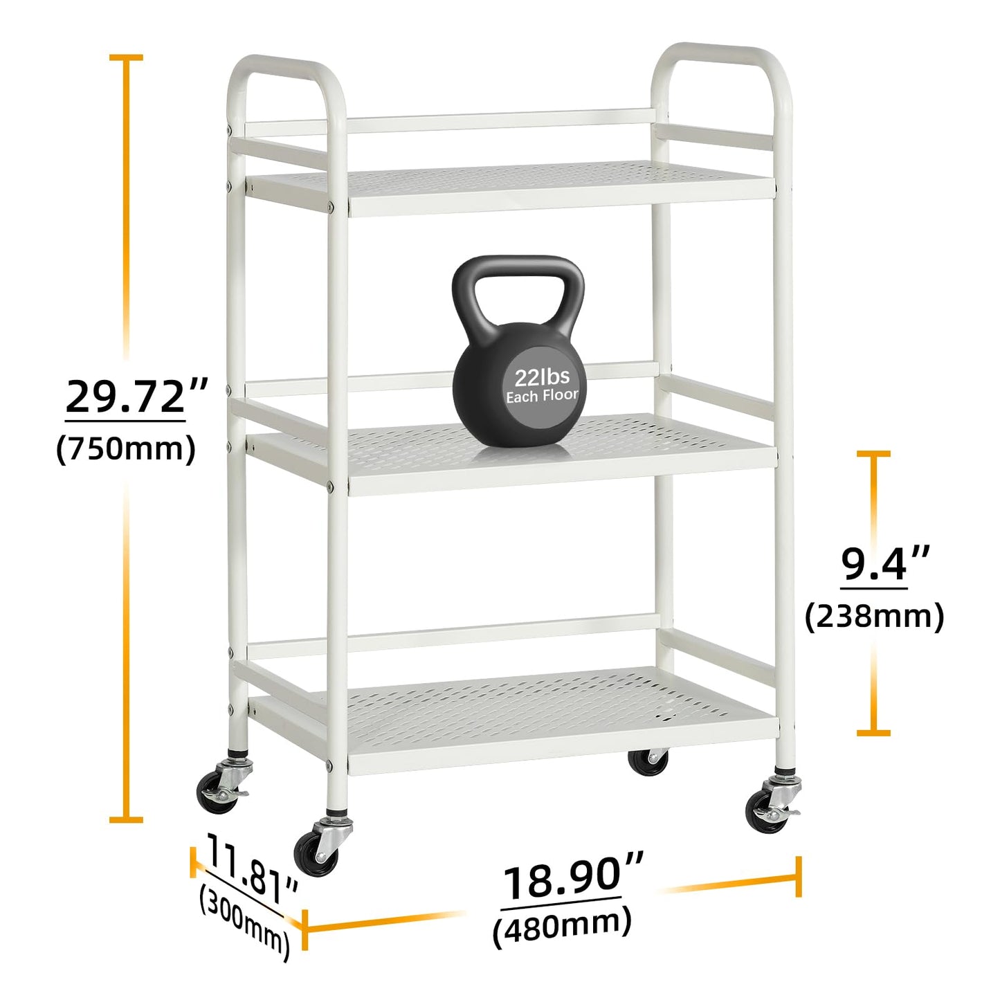 HDANI 3 Tier Rolling Cart,Heavy Duty Multifunctional Metal Frame-Supports 22 Lbs Per Tier,Rolling Cart with 2 Lockable Wheels for Office,Home,Bedroom,Kitchen,Bathroom (White)…