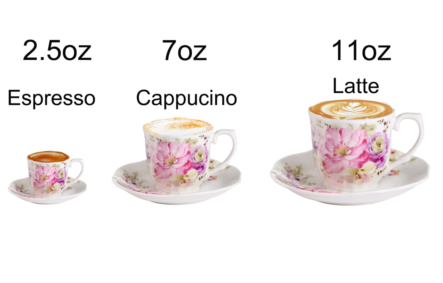 GuangYang 7 oz Porcelain Tea Cups and Saucers Set of 6, Pink Floral Design – Elegant Gift Set for Tea Lovers, Coffee, Cappuccino, Mocha, Weddings, Housewarming & Holidays