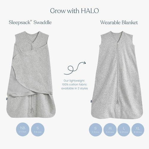 HALO 100% Cotton Sleepsack Swaddle - 3-Way Adjustable Wearable Blanket, TOG 1.5, Heather Grey, Small (3-6 Months)