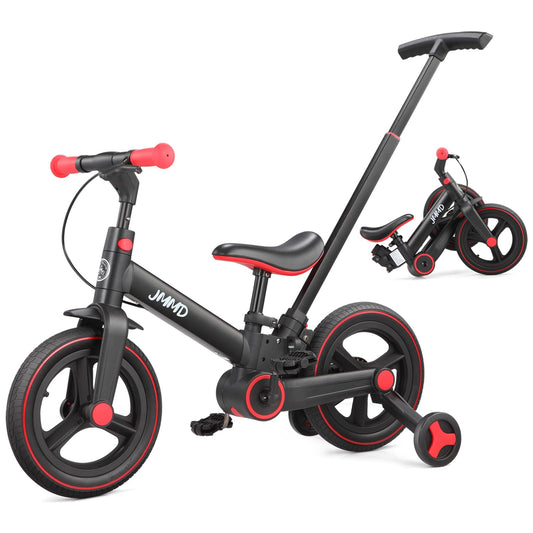 JMMD 6 in 1 Toddler Bike with Push Handle for Kids 18-60 Months, 12" Foldable Balance Bike with Training Wheels, Pedals, Brakes, Kickstand, Push Tricycle Toddler Gift & Toys for Boy & Girl