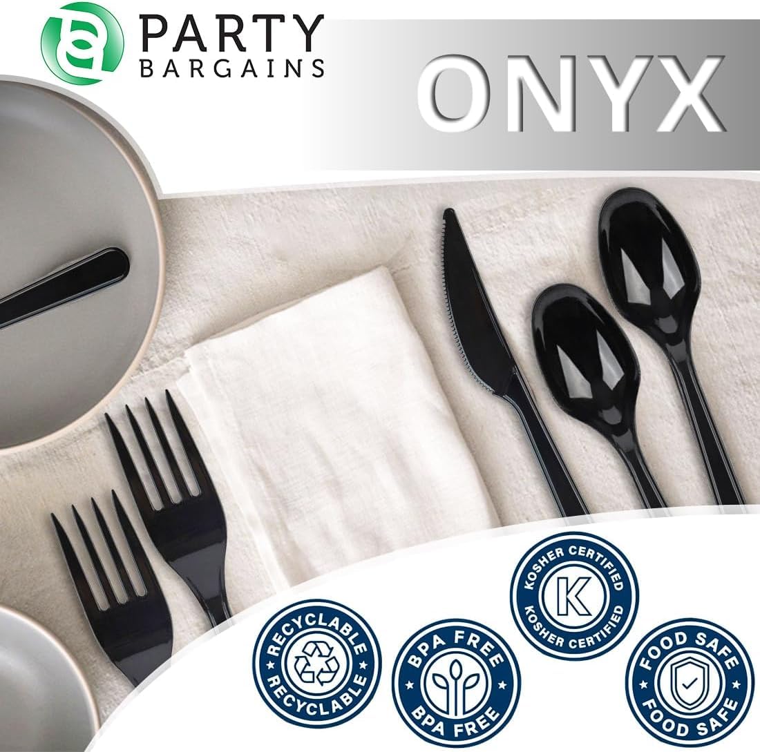 PARTY BARGAINS Onyx Settings Black Plastic Cutlery Set 720‑Piece – 360 Forks, 240 Spoons, 120 Knives – Heavy‑Duty Disposable Utensils for Parties, Weddings, Buffets, BBQs & Catering – BPA Free