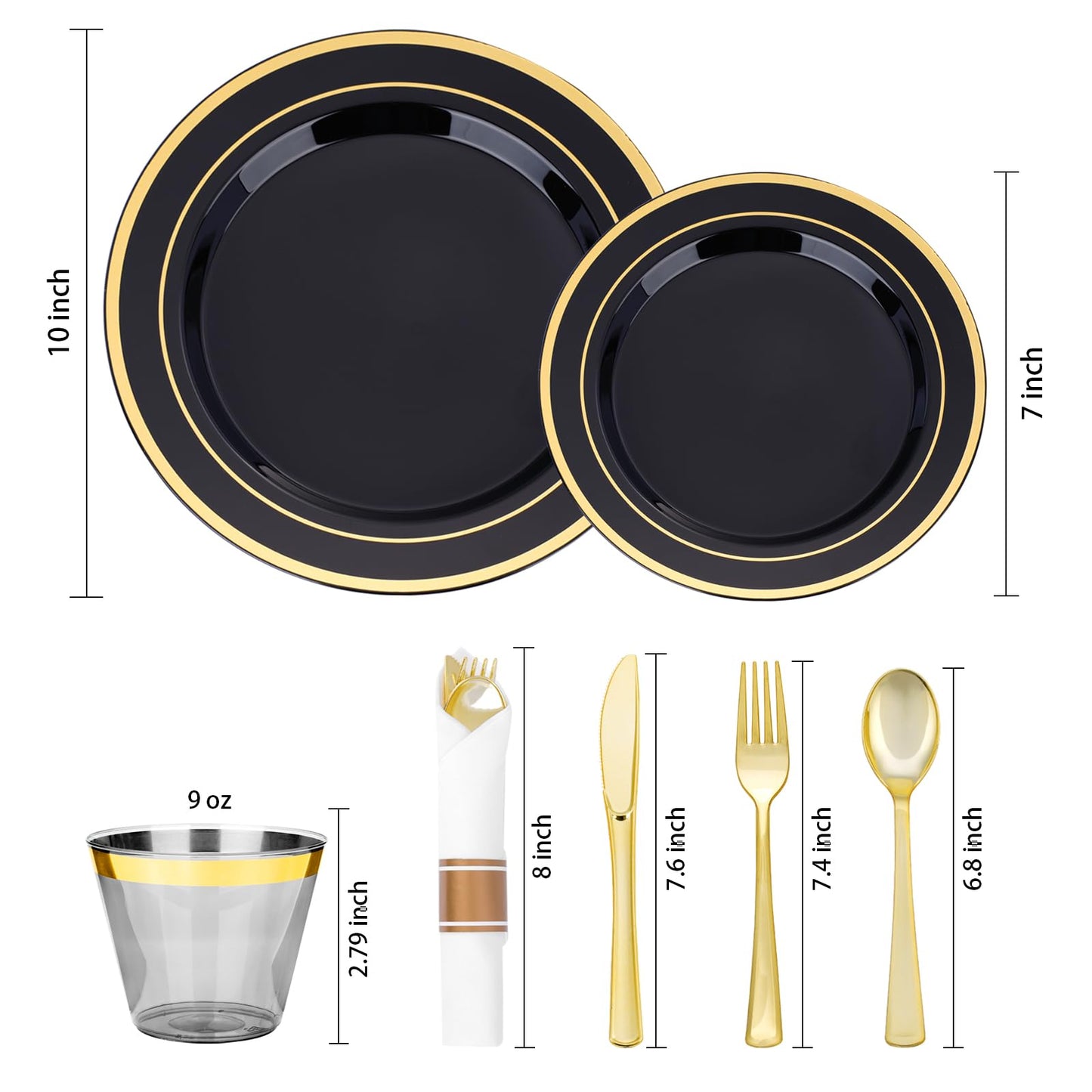 realluck 350 PCS Black Plastic Dinnerware Set for 50 Guests, 100 Disposable Plates for Party, 50 Pre Rolled Napkins with Gold Silverware, 50 Cups for Graduation