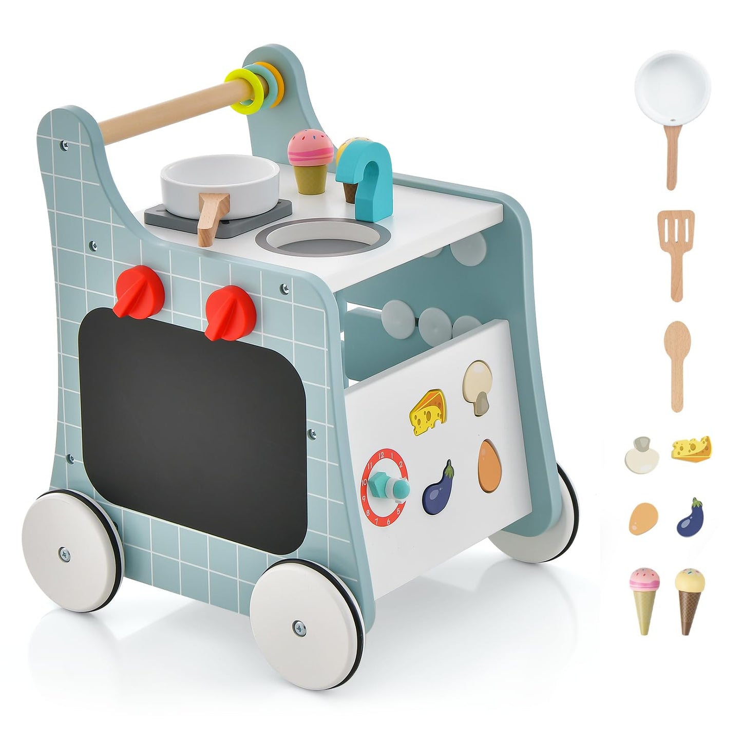 BABY JOY 6 in 1 Wooden Baby Walker, Toddler Pretend Play Kitchen Playset, Push and Pull Sit-to-Stand Learning Walker Activity Center, Montessori Educational Toy, Push Walker for Boys Girls