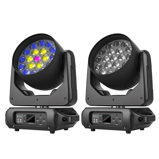 MINGJIE 19x15W Moving Head Stage Light,RGBW 4-in-1 LED Zoom Beam Wash Strobe Effect,DMX Sound Activated,540° Pan 270° Tilt,Professional DJ Lighting for Club Wedding Party Bar (Luces para) (1Pack=2pcs)