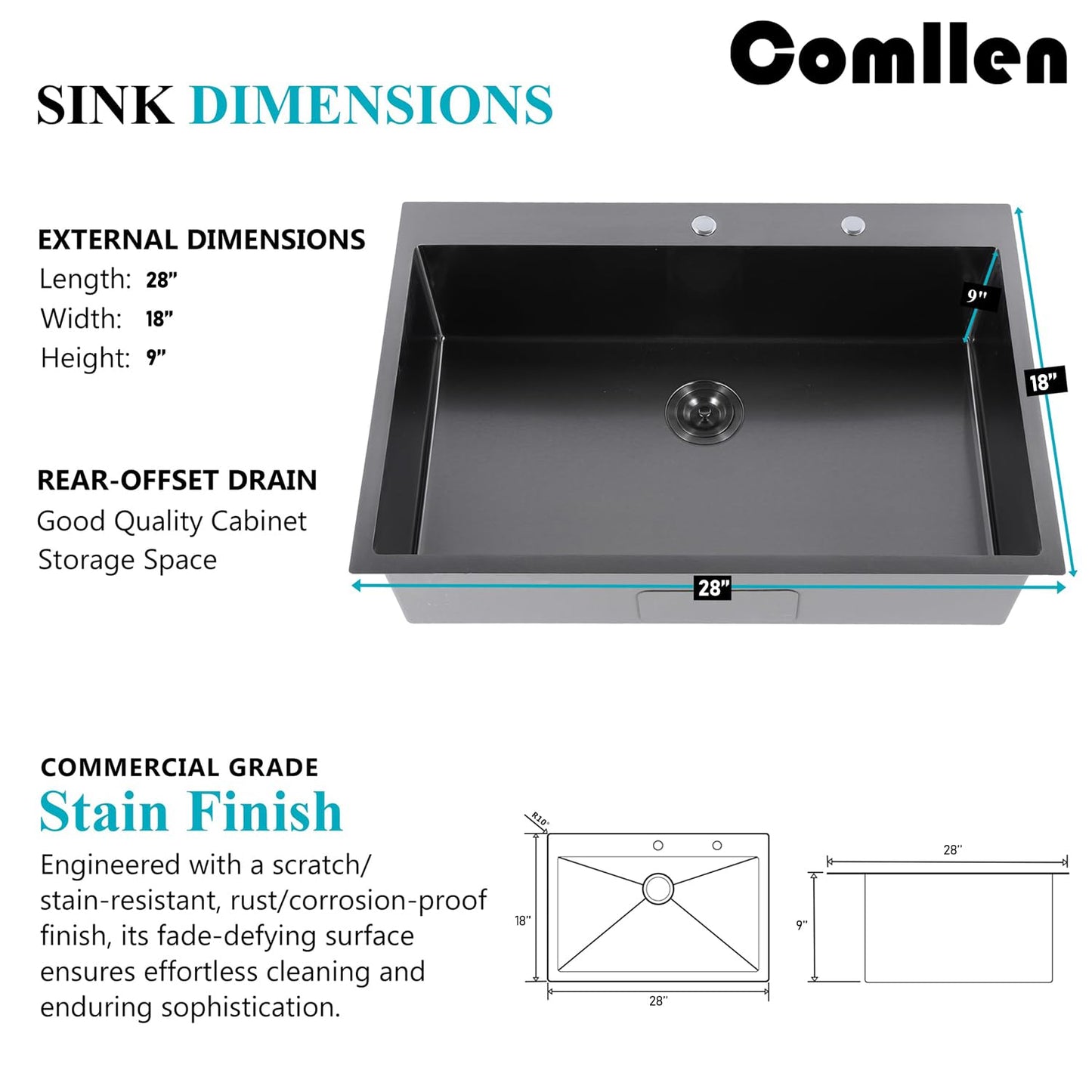 Comllen 28x18 inch Stainless Steel Black Drop In Kitchen Sink,28 Inch Topmount Sinks,16 Gauge 9 Inch Deep Single T304 Single Bowl Kitchen Sink With Strainer