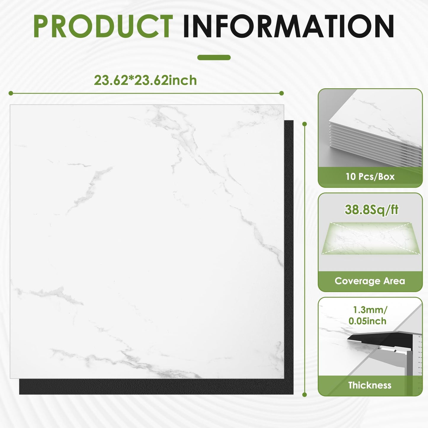 RORA 24x24 Inch Peel and Stick Floor Tile 10 -Pack Self-Adhesive Waterproof Vinyl Flooring,Vinyl Floor Tiles DIY for Bathroom, Laundry,Kitchen,Living Room,40 Sq.Ft, White Marble