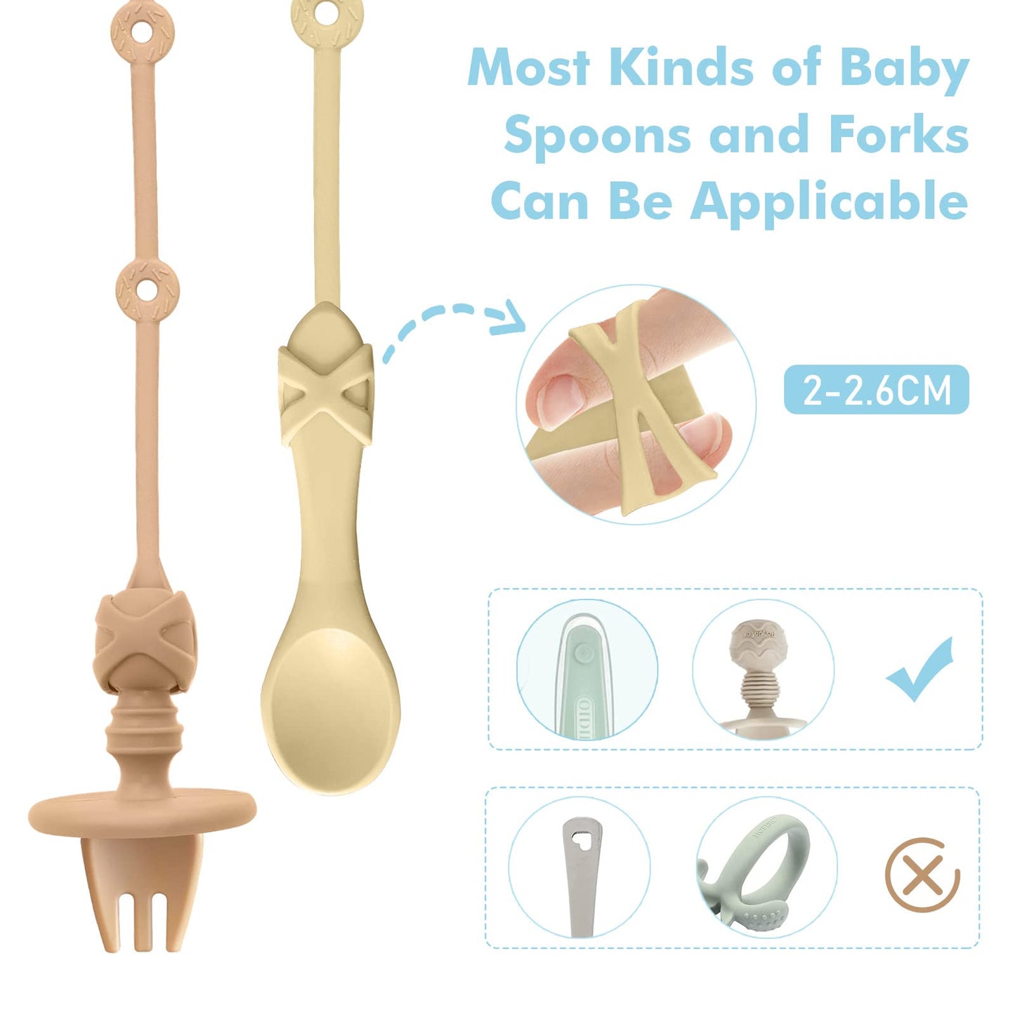 Pacifier Clip Toddler Utensils Holder Straps 2PK Self Feeding Baby Utensils Highchair Accessories-Gelinor Feeding Aid for Keep Spoon Close at Hand and Off The Ground(Pink and Beige)-No Spoon