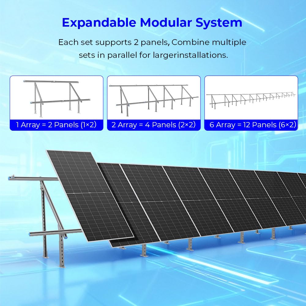 SUNGOLDPOWER Solar Panel Ground Mount Bracket,Adjustable Tilt & Expandable Solar Mount Bracket Kits for 2pcs 300W/450W/500W/550W/560W/590w Solar Panels,for Ground,Farm,Backyard,Off-Grid System
