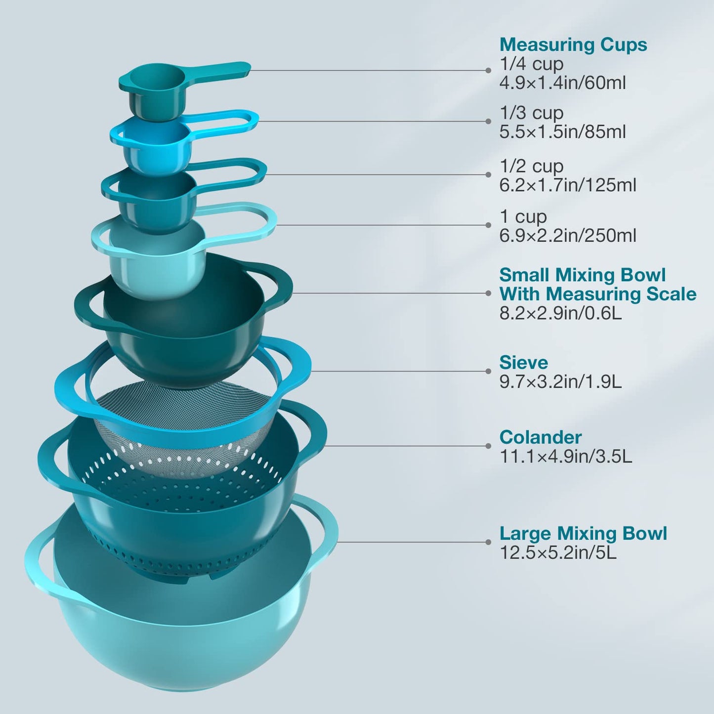 Mixing Bowls-Plastic Nesting Mixing Bowl Set of 8, Kitchen Gadgets for Apartments Space Saving, Including Measuring Cups Sifter Colander, Easy Storage Cooking Baking, Rv Camper Accessories, No BPA