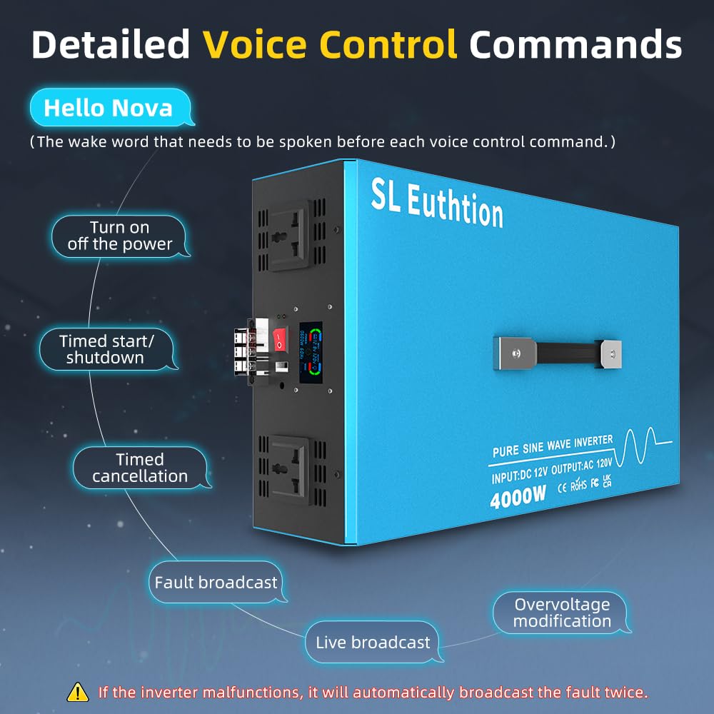SL Euthtion 4000W Pure Sine Wave Power Inverter Voice Control AI Voice Assistant Support English 24V to 120V 60HZ with LCD Display, USB Port, for Car Home Laptop Truck