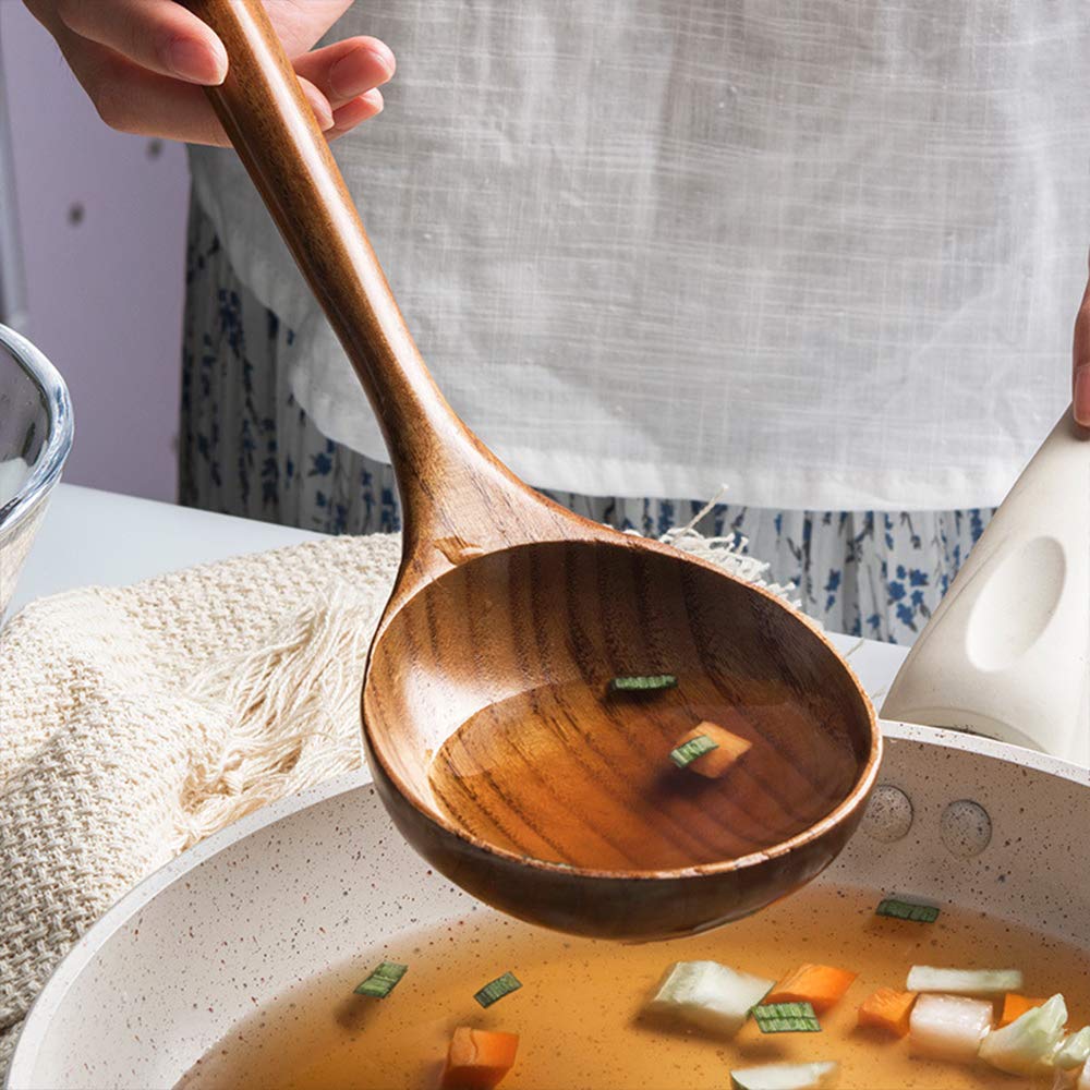 2 Pcs Wooden Spoon Ladle for Cooking Spoons Best Non Toxic Kitchen Tools -14 inch Long Kitchen Cooking Utensil & 11 inch Best Wood Spoons Large Deep Ladle Serving Spoons Soup Ladles Set