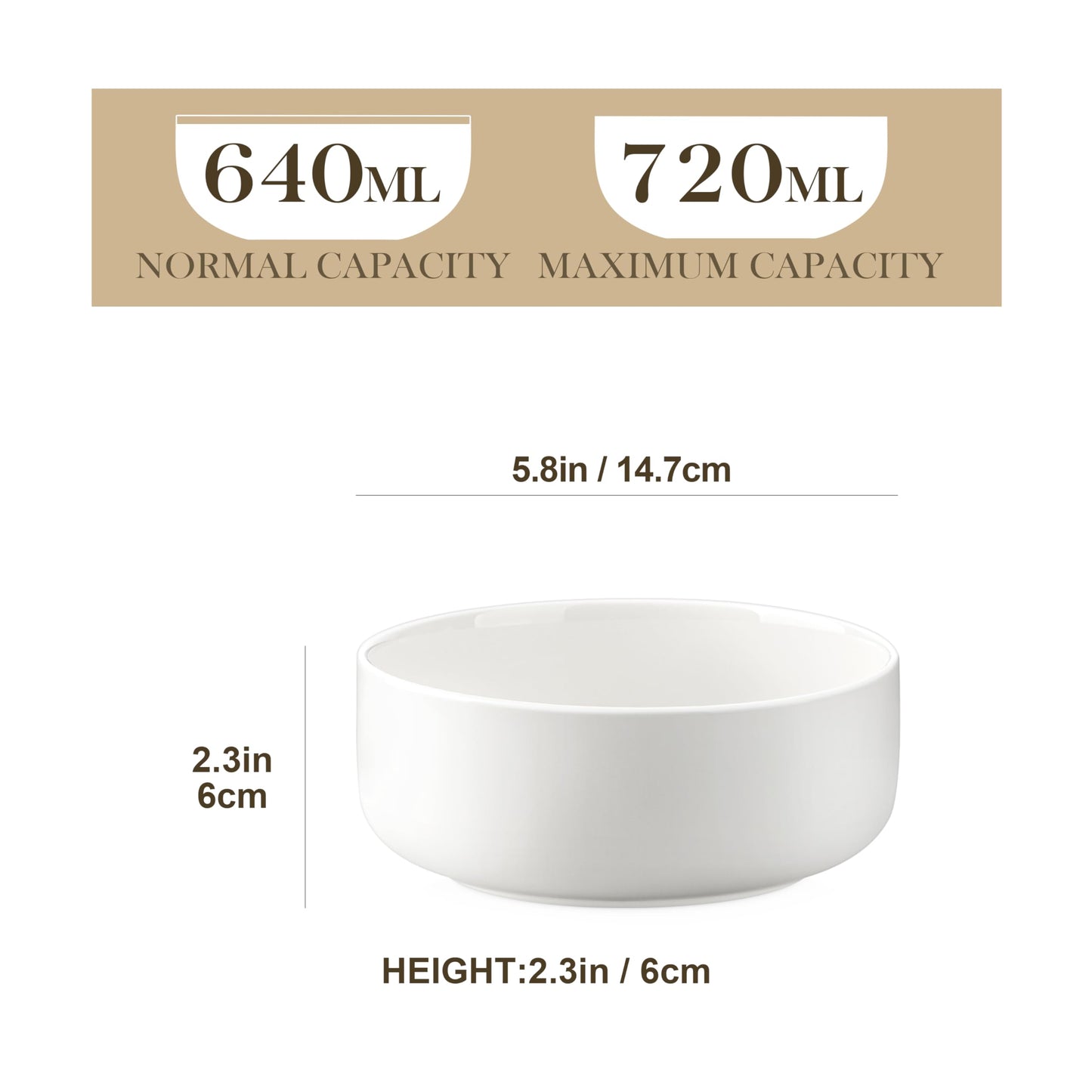 MALACASA 24 OZ Cereal Bowls, 5.8 Inch Soup Bowls Ceramic Bowl Sets of 4, Breakfast Bowls Set for Kitchen, Dishwasher Microwave Oven Safe, White, Series LUNA