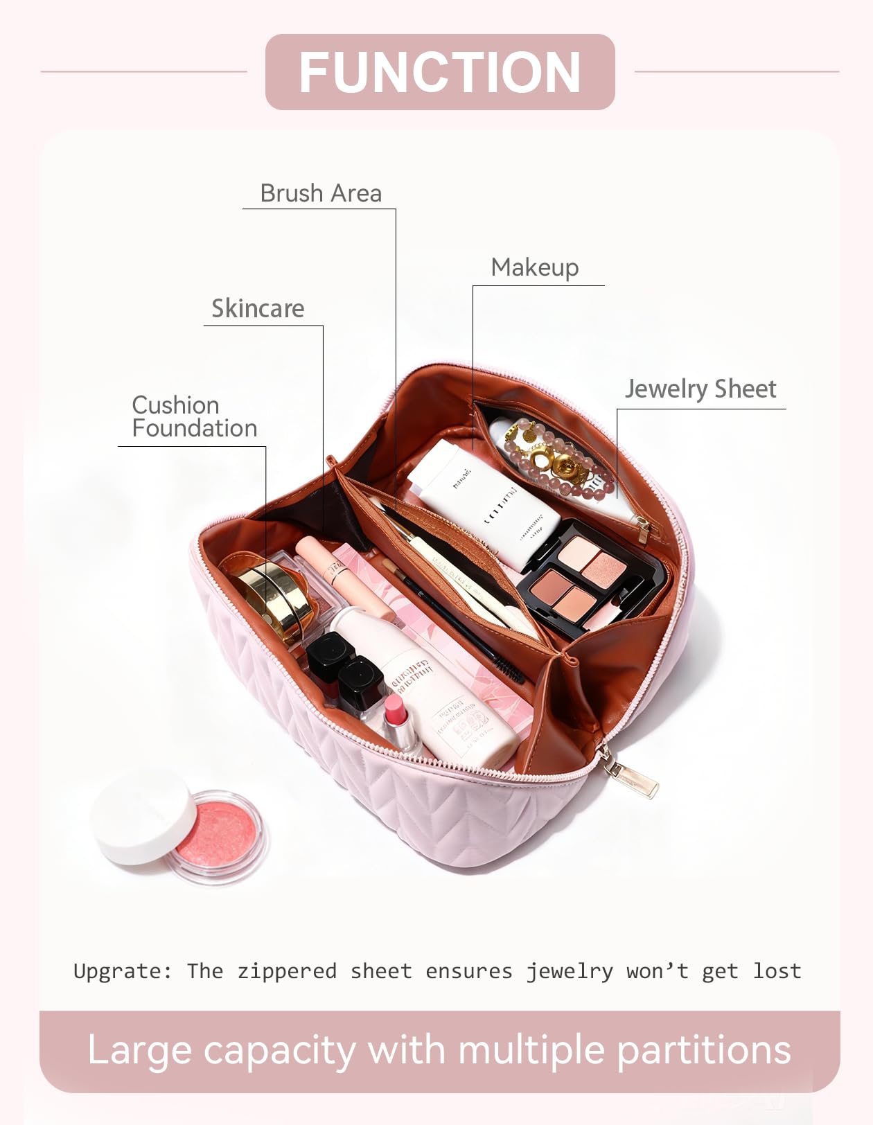 VIDIBESTY Travel Makeup Bag for Women, Large Capacity Cosmetic Bags for Girls, Compact Pouch Make up Organizer, Waterproof Toiletry Bag with Divider and Handle (Pink)