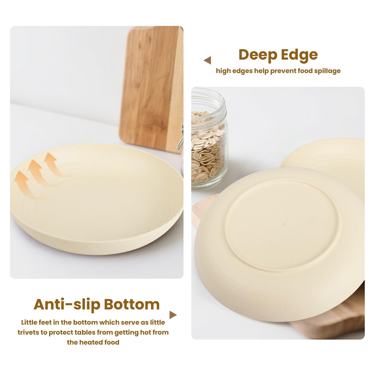 BUSOKIP Deep Dinner Plates Set of 8, Wheat Straw Plate 9 Inch, Lightweight and Unbreakable Plastic Plate Reusable, Microwave & Dishwasher Safe Camping Plates for Picnic, Outdoor, Travel (Beige)