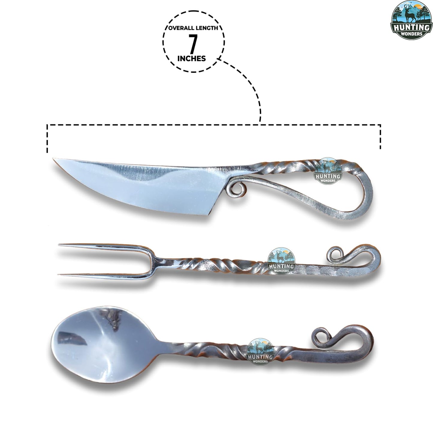 Customize Viking 3-Piece Medieval Cutlery Set, Hand Forged Feasting Set, Twisted Pattern Eating Utensils, Carbon Steel Flatware With Leather Pouch