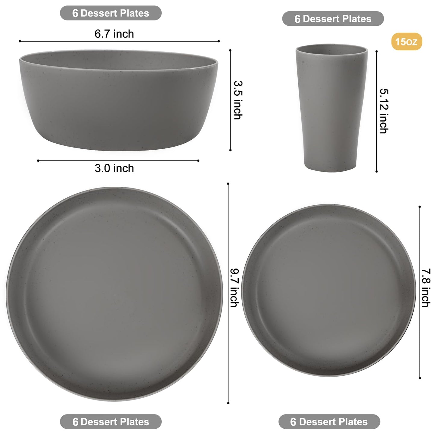 EI 24pcs Wheat Straw Dinnerware Set,Dark Grey Plates and Bowls Sets,Unbreakable Dinner Plates,Reuasble Plastic Plate,Microwave Dishwasher Safe for Camping,Picninc,Family Dinner