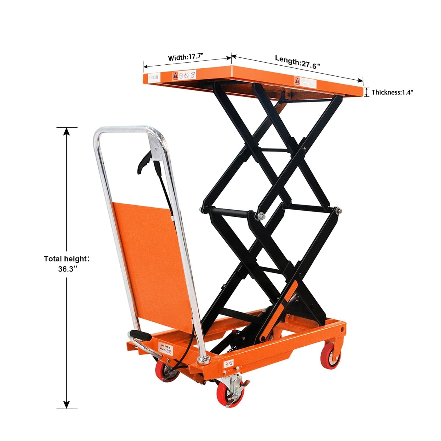 T Tory Carrier Hydraulic Manual Scissor Lift Table Cart, 330 lbs Capacity 43.3" Lifting Height, 4 Wheels Lift Table and Safety Back Guard for Material Handling