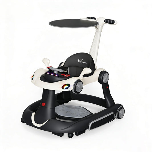 Baby Walker with Wheels, 7-in-1 Foldable Baby Walkers for Boys Girls 6-12 Months with Feeding Tray & Music, Lights,Rocker,Sun Canopy, Bouncing Pedal, Adjustable Wheel Speed, Push Walker (Black)