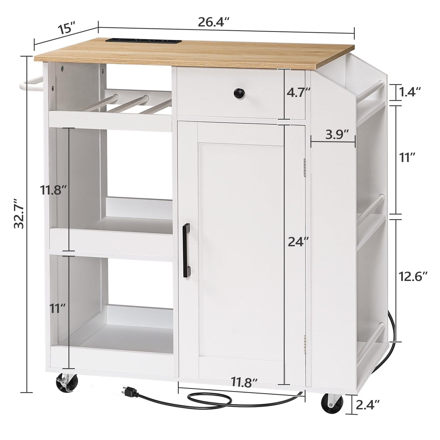 MAHANCRIS Kitchen Island with Power Outlet, Kitchen Storage Island with Drawer, Rolling Kitchen Cart on Wheels, Spice Rack, Towel Rack, Wine Rack, for Dining Room, White and Natural KINW122E01N1