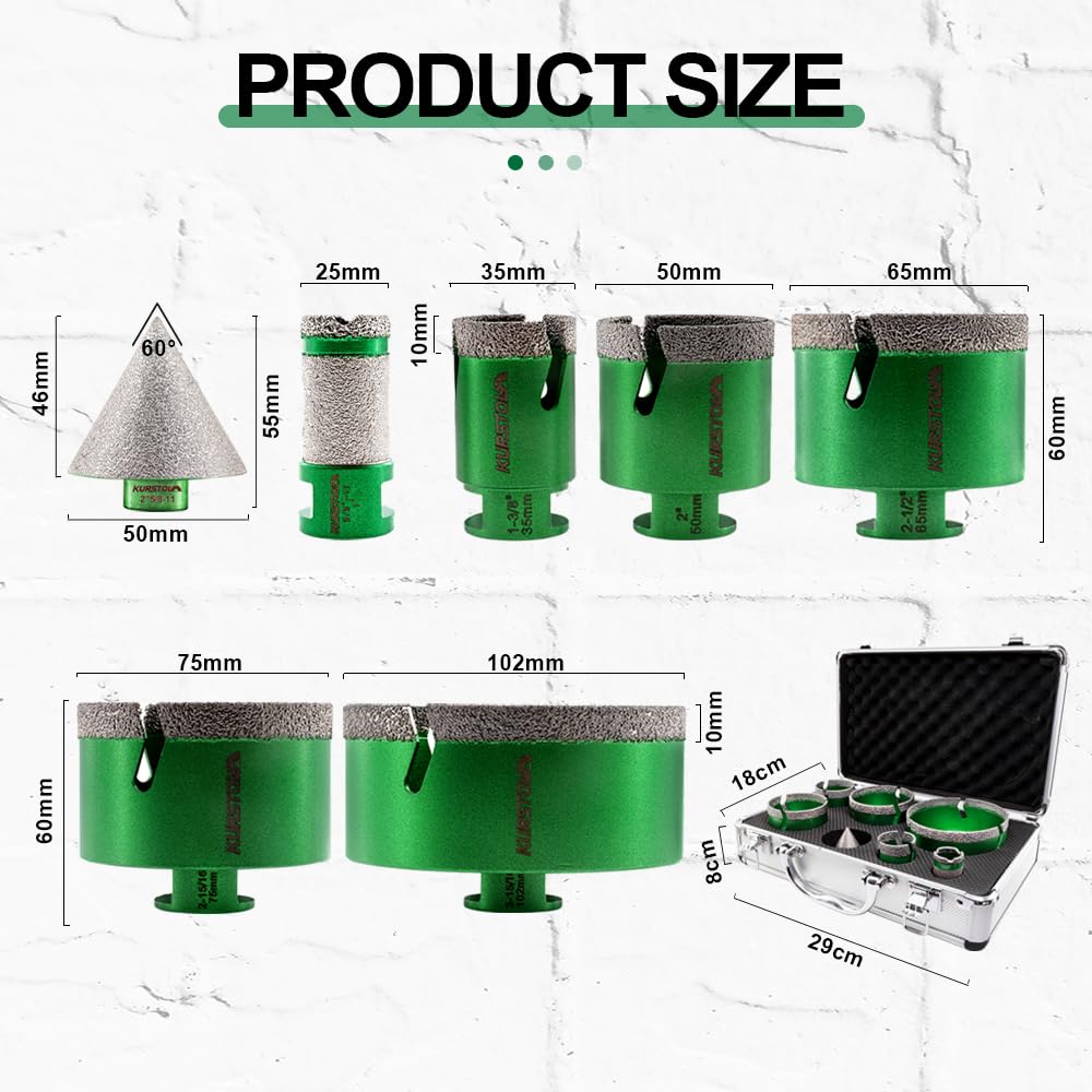 KURSTOL Tile Hole Saw Kit - 11pcs Diamond Core Drill Bits 6/6/25/35/50/65/75/102mm+2" Beveling Chamfer Bit+4.5" Blade Cutting Disc+SDS Shank to 5/8-11" Thread for Porcelain Ceramic Granite Marble