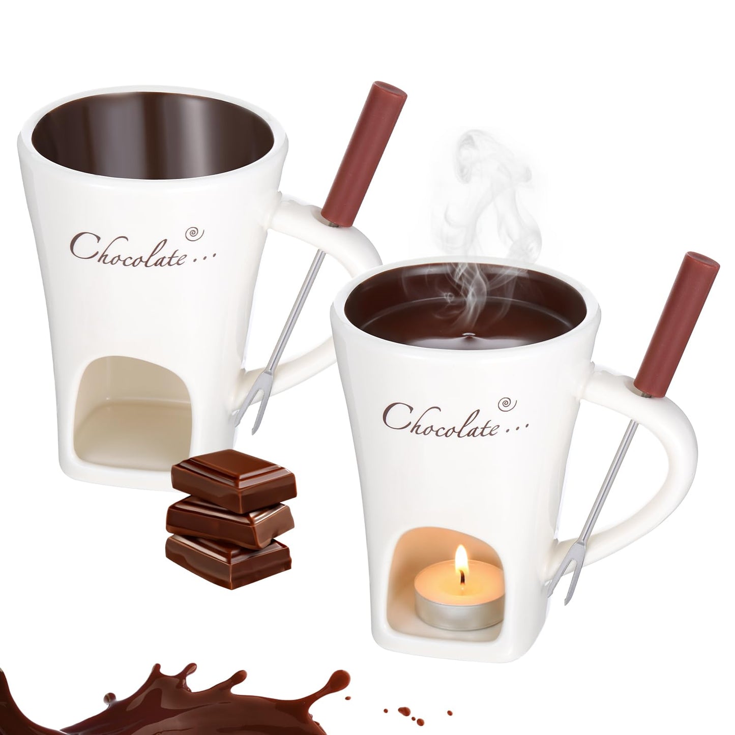 IMengjbang 2 Pack Ceramic Chocolate Fondue Mugs with 2 Forks, White Personal Fondue Mugs Melting Pot for Cheese Caramel Butter Suitable for Date Night Birthday Wedding Gifts