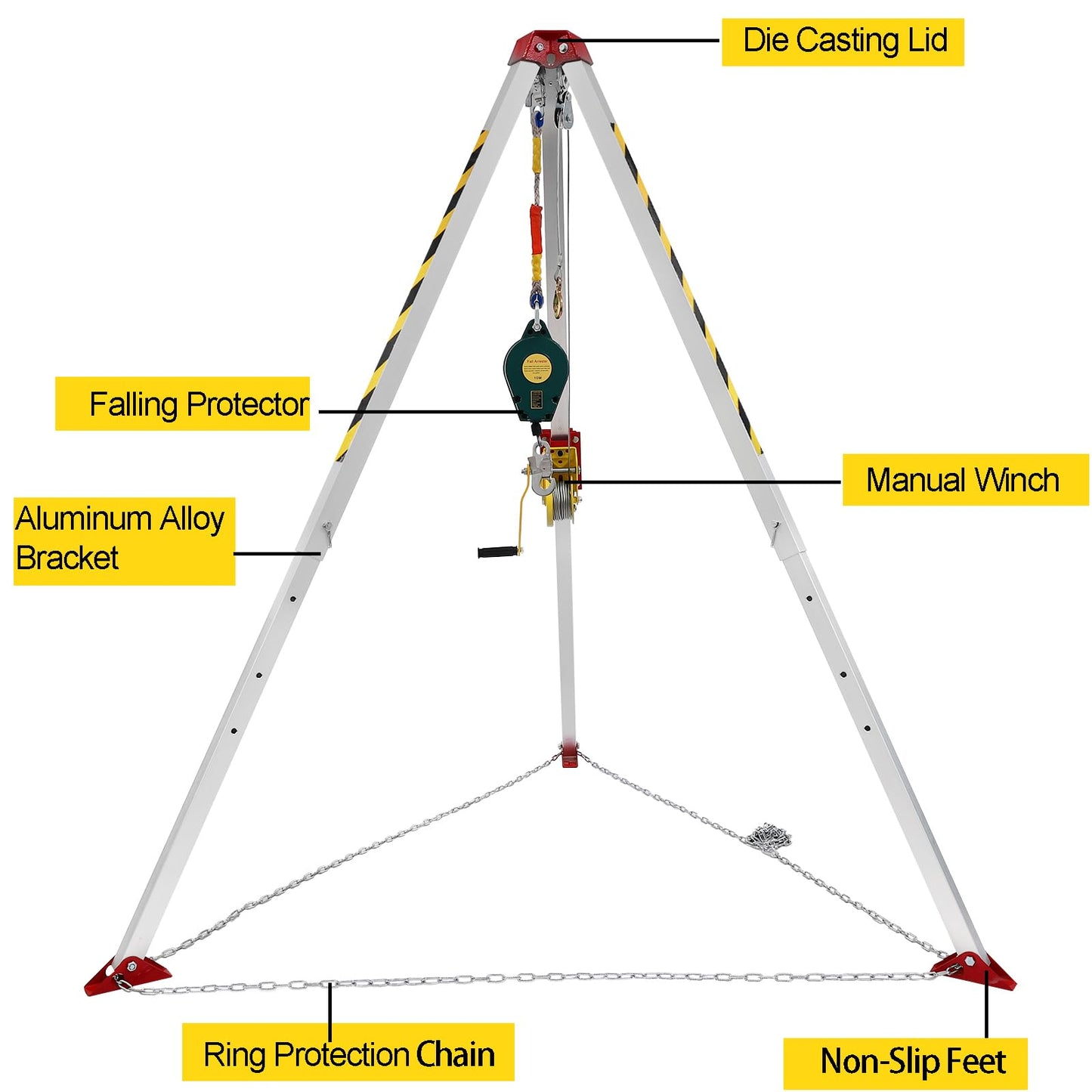 Confined Space Tripod Kit, Tripod Kit with 1200LBS Winch, Confined Space Rescue Tripod | 6.5ft Leg Bracket | 5-6.5ft Working Height | 396.83lbs Tripod Load | 65.62ft Steel Wire Rope Length