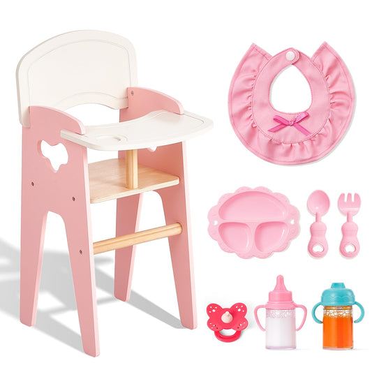 Giant bean Wooden Baby Doll High Chair with Feeding Set, Pretend Play Feeding Seat for Dolls, Includes Bib, Utensils, Bottles & Plate, Toddler Role Play Furniture for 18 Inch Dolls