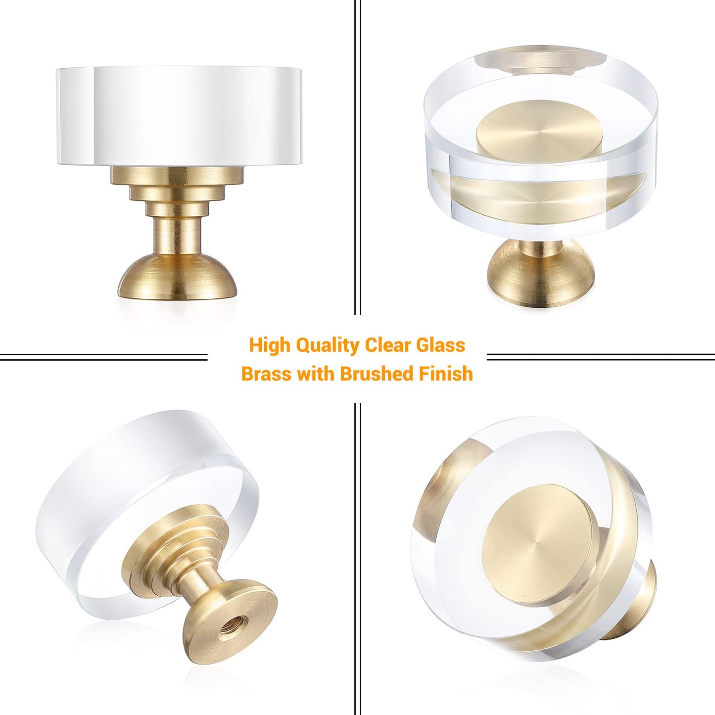 Guank 12-Pack 1-1/4-Inch White Cabinet Glass Crystal Brass knobs Brass Drawer Round Knobs Dresser Pulls, Gold Hardware Kitchen Closet knobs for Bifold Doors
