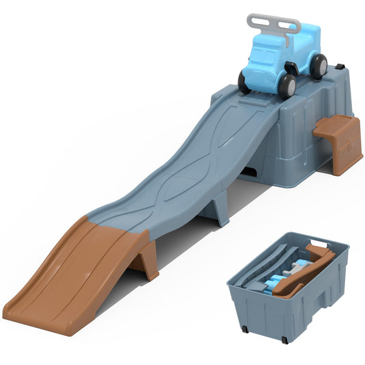HAPPYMATY Up & Down Roller Coaster，Kids Ride On Toy，Toddler Push Car with Assembled Race Track & Storage Base Box, Indoor Outdoor Playset