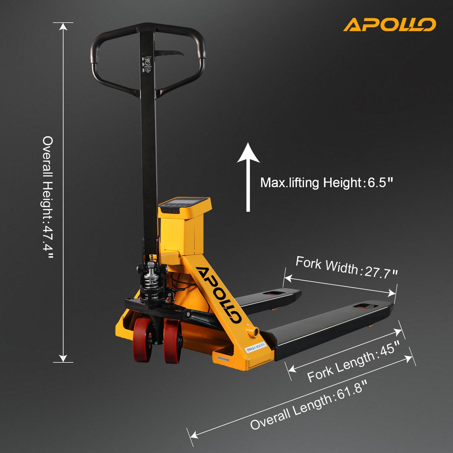 APOLLO Scale Pallet Jack 5500lbs Capacity, Lb/Kg Switchable Electronic Scale Manual Hand Truck, 0.1% Accurate, 45 x 27.7 Forks for Warehouse, Supermarket, Logistics Center