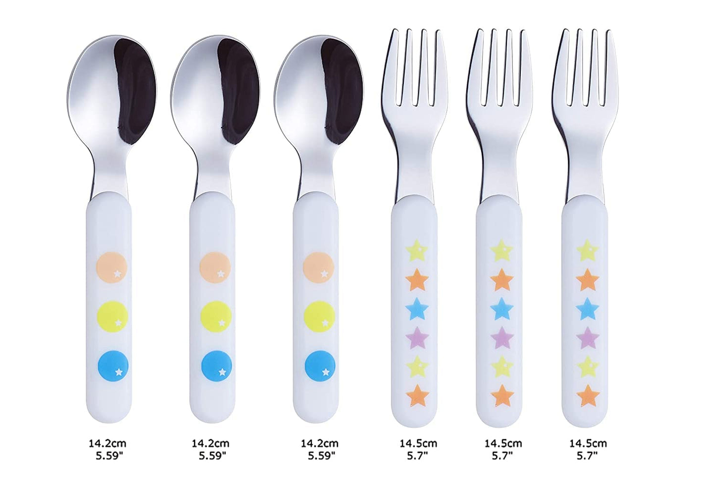 EXZACT Kids Flatware 6pcs Stainless Steel 18/10 Toddler Utensils Flatware- 3 x Forks, 3 x Spoons- BPA Free, Dishwasher Safe - 12 M+ - Stars & Dots