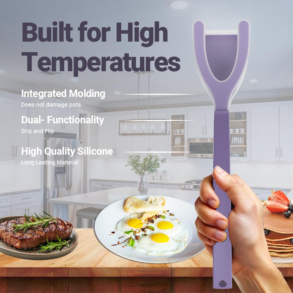 ZONZEST Silicone Egg Flipper Spatula Tongs (Set of 1) – Non-Stick 2-in-1 Grip & Flip Kitchen Tongs for Pancakes, Fish, Eggs, and More – Heat Resistant Cooking Tool (Black) (Purple)