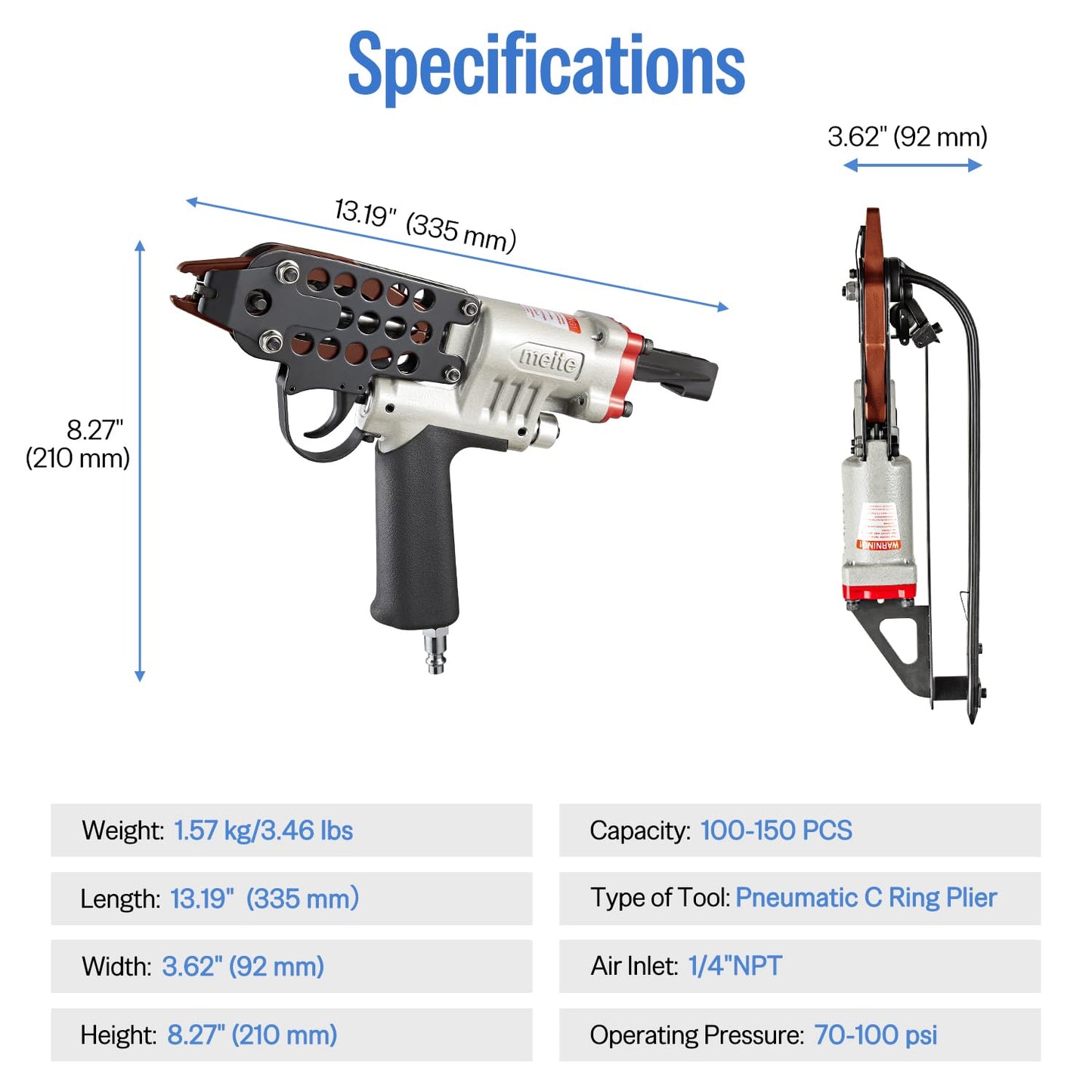 meite SC760C-I2 Pneumatic Hog Ring Gun with 3600PCS 16GA Hog Rings, 16 Gauge 1/2" Crown Hog Ring Pliers, 2.6-3.6 mm Closure, Upgrade Trigger Air C Ringer Pliers for Fencing, Bag Closing