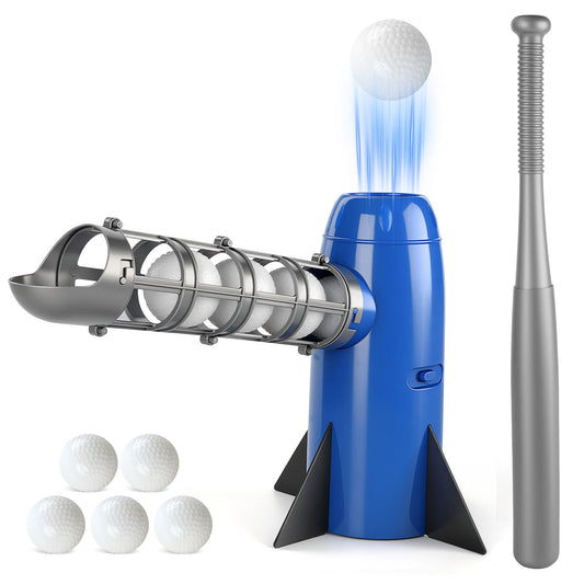 AuntyFey Auto Kids Baseball Pitching Machine, Automatic Baseball Launchers for Kids 6-8, Batting Practice Equipment with 5 Plastic Balls & Bat, Pop Up Tball Trainer, Blue