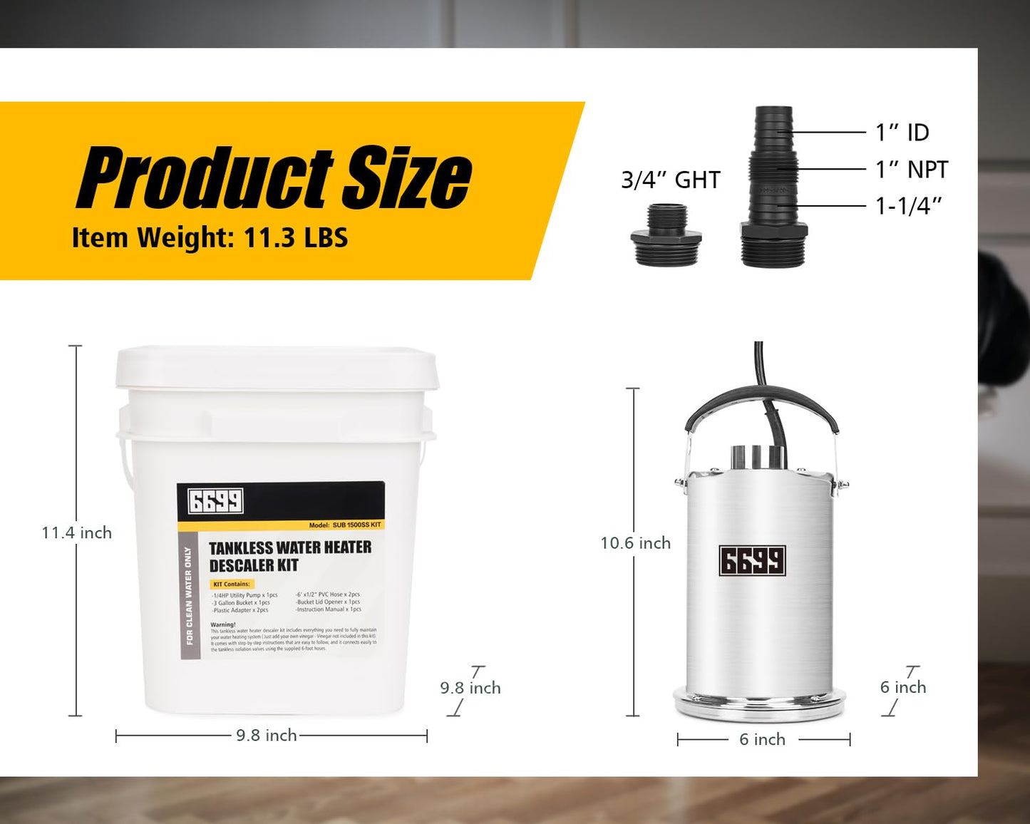 6699 Tankless Water Heater Flushing Kit Includes 1/4HP Stainless Steel Sump Pump with Two Adapters & 3 Gallons Pail with Bucket Lid Opener & Two 1/2” Dia X 6’ Hoses with Washers