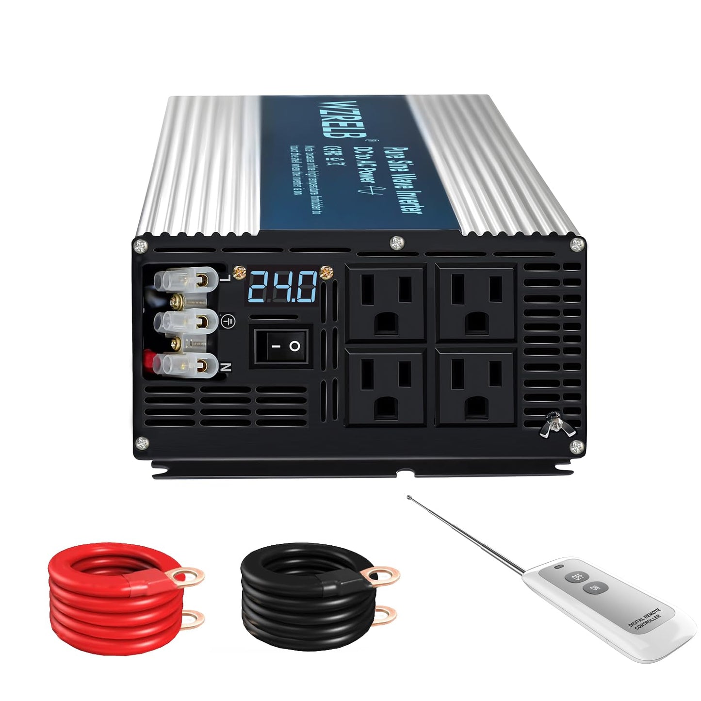 WZRELB 5000W Pure Sine Wave Inverter 24V DC to 110V 120V AC with LED Display,Remote Controller,Off-Grid Power Converter 10000W Surge with 4 AC Outlets, Hardwire Terminal for Home, RV, Truck, Camping