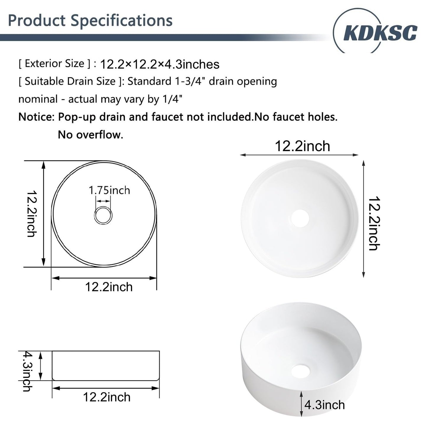 KDKSC Small Bathroom Vessel Sink 12"x12" Round Bathroom Sink White Ceramic Bathroom Sinks Modern Above Counter Art Basin
