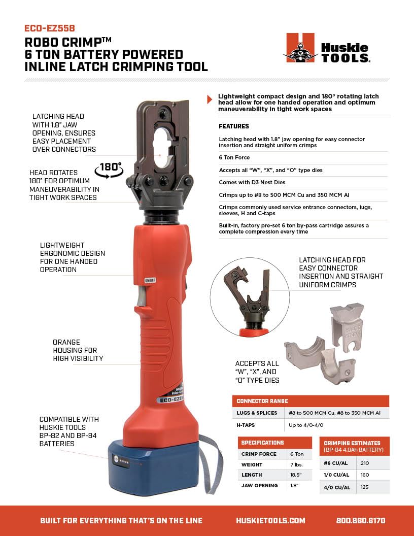 Huskie Tools Robo Crimp 6 Ton Battery Powered Inline Latch Crimper. Crimps up to #8 to 500 MCM Cu and 350 MCM Al (ECO-EZ558) Kit - Includes ‎1 tool, 2 batteries, 1 charger, 1 bag.